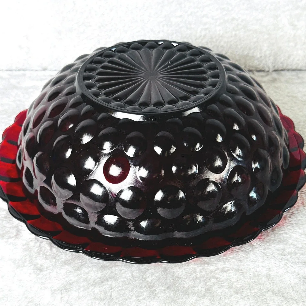 Anchor Hocking Ruby Red Glass Serving Bowl Plate Set Bubble Scalloped Vintage